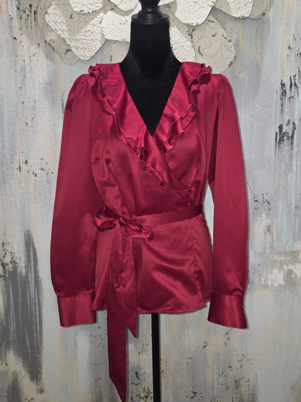 East 5th Beautiful Ruffled Satin Faux Wrap Blouse W/tie Waist- Raspberry Red Med
